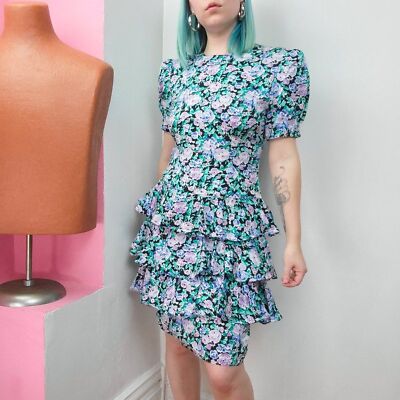Vintage 80s Pastel Floral Print Ruffled Party Dress