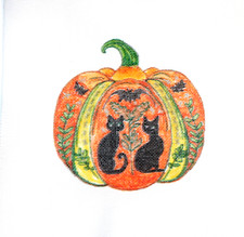 Halloween Ornament Needlepoint Canvas 18 mesh Zweigart Handpainted Cat Pumpkin