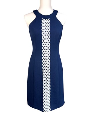 Eliza J Womens Size 2 Navy Halter Circle Eyelet Retro Textured Sheath  Dress | eBay