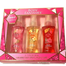 Body Fantasies Body Spray 3 pc  Gift Set Cotton Candy Sweet Sunrise Pink Vanilla