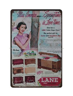 Miss America Says Spring Time is Love Time 1941 Lane Hope Chests metal tin sign