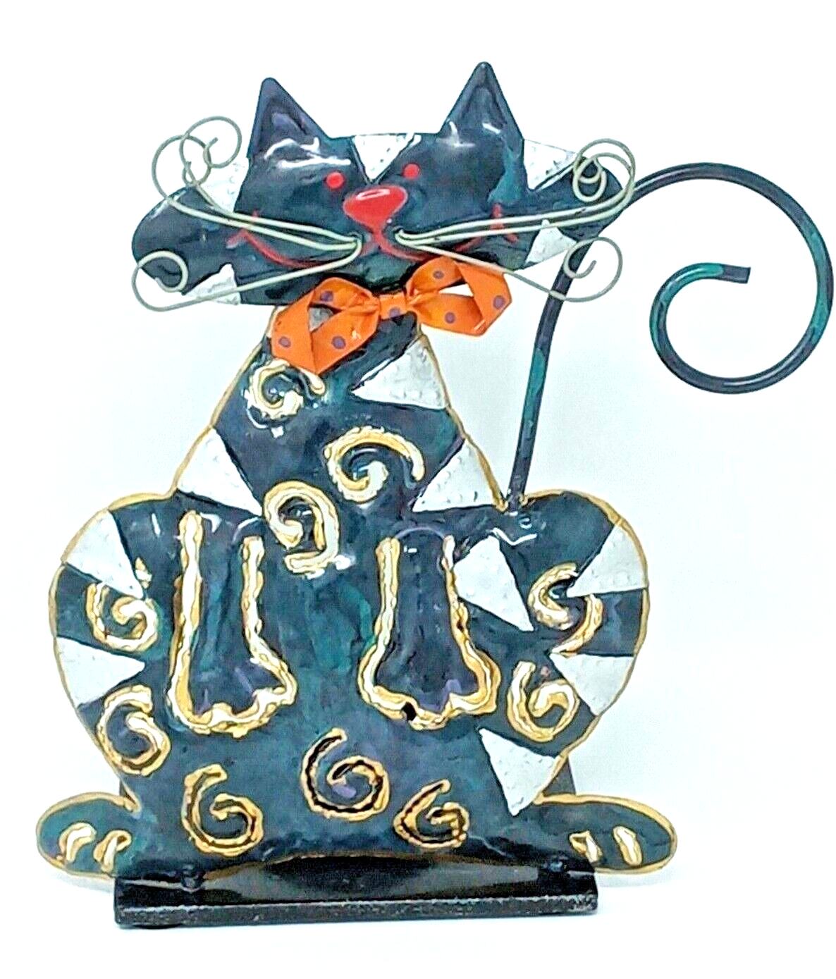 Candles & Such Metal Black Cat Votive Holder halloween orange bow tie kitty vgc-image