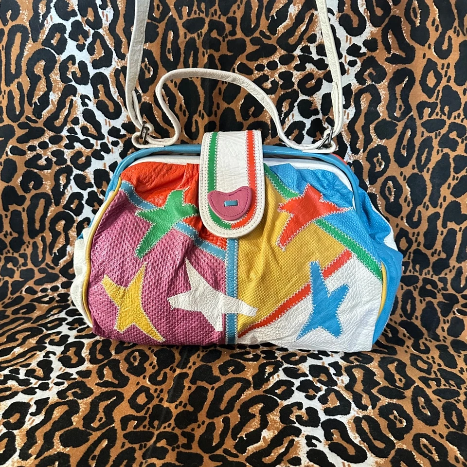 Bolso de Hombro Médico Vintage Años 80 Tacky Patchwork Imitación Cuero Nueva Ola Payaso Foto 3 de 4