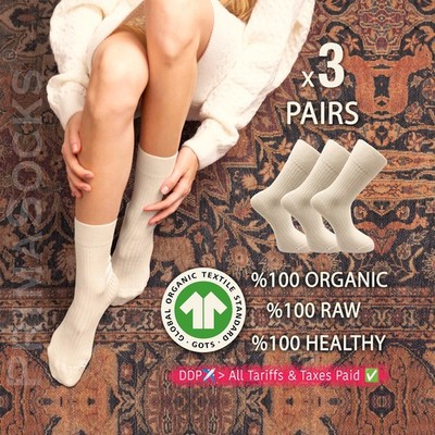 3 Pairs Set of 100% Organic Cotton Socks for Women - GOTS Certified Dye Free