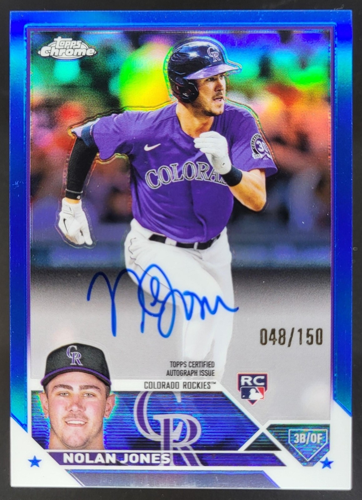 2023 Topps Chrome Nolan Jones Rookie Auto Blue Refractor /150 RC Rockies SO