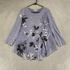 Jess & Jane Tunic Top Womens Medium Blue Dragonfly Floral Art Cotton Shirt