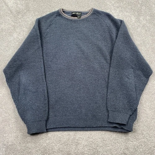 VTG Eddie Bauer Sweater Mens Large Blue Waffle Knit Cotton Raglan Made in USA