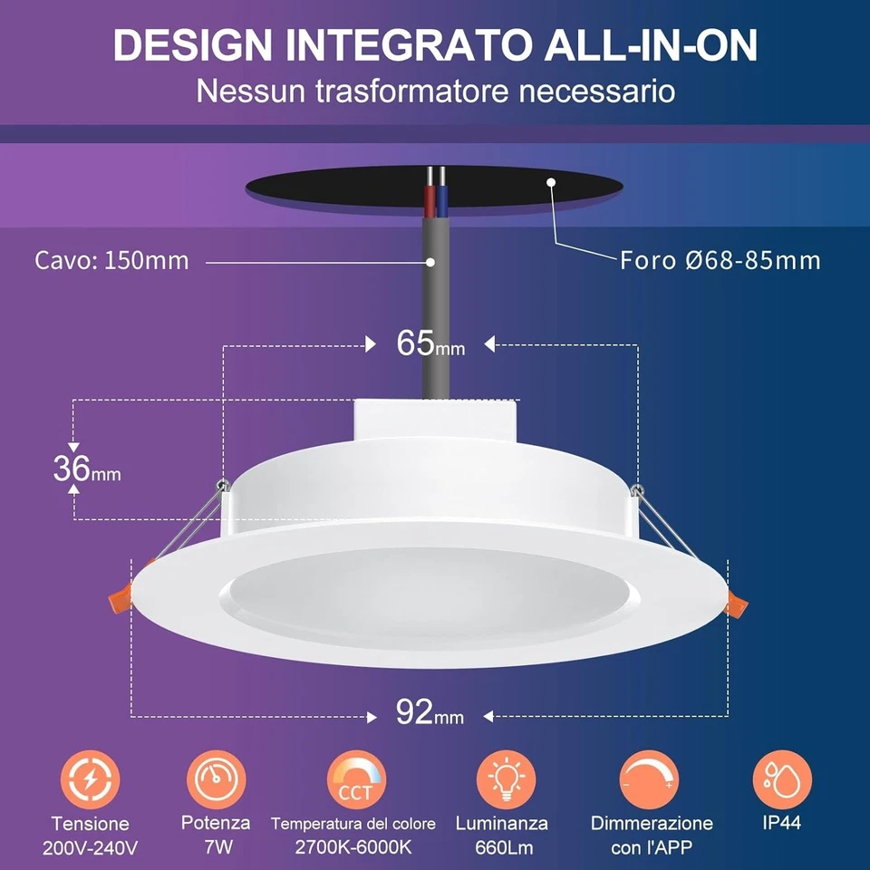 Set 4 Faretti LED da Incasso Smart, RGB, 7W, 660 Lumen - Immagine 3 di 4