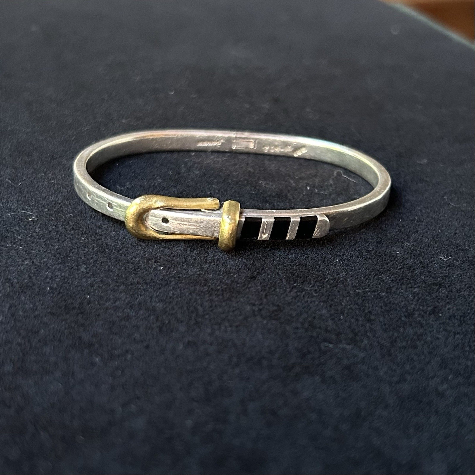 Vintage Mexican Sterling Silver Buckle Bracelet with Brass and Onyx Accents