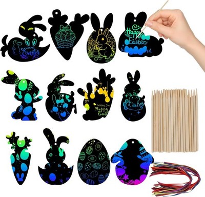 Easter Scratch Art Set 48PCS with Ribbons for Crafts and Party Favors