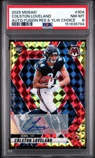 2025 Panini Mosaic Colston Loveland Rookie  Auto Red/Yellow Fusion Choice PSA 8