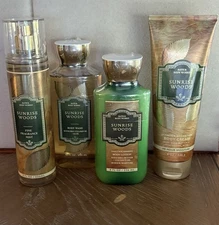 SUNRISE WOODS Shower Gel, Lotion, Fine Fragrance Mist, Body Cream SET of 4 NEW
