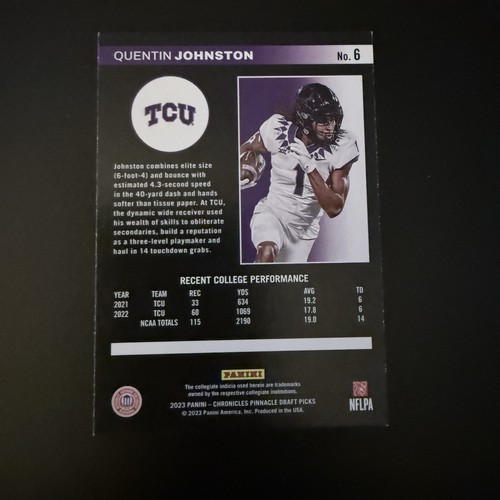 2023 Panini Chronicles Draft Picks - Pinnacle Quentin Johnston #6 (RC) - Picture 2 of 2