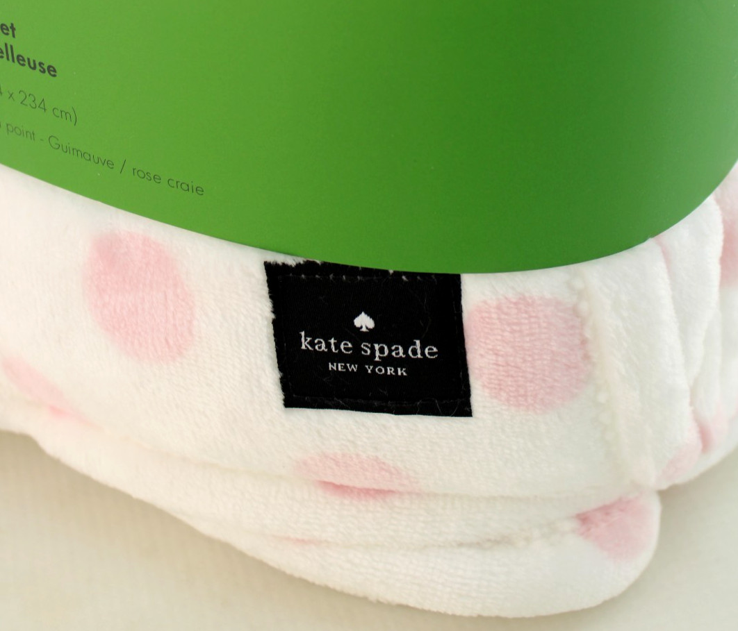 KATE SPADE King Size 112" x 92" Pink / White Polka Dot /Badge Logo Plush Blanket thumbnail 2
