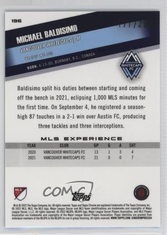 2022 Topps Chrome MLS Aqua X-Fractor /299 Michael Baldisimo #196 Rookie RC - Image 2 of 2