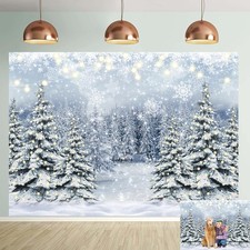 Winter Forest Photography Backdrop Glitter Snowy Pine Tree Scene Background C...