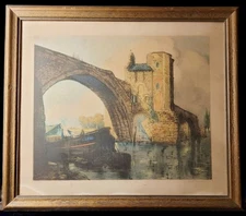 Louis Dauphin Signed Bridge & Barge River Scene Lithograph Framed Antique French