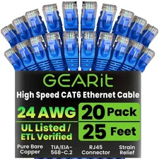Cat 6 Ethernet Cable Pack - 20-Pack 25 ft Cat6 Ethernet Patch Cables | RJ45 N...