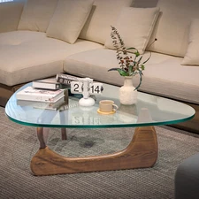 Classic 0.8" Thicken Glass Coffee Table Classic Table Solid Wood Base Walnut