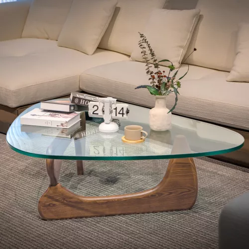 Mid-Century Modern 0.75" Glass Coffee Table Noguchi Table Wood Base Living Room