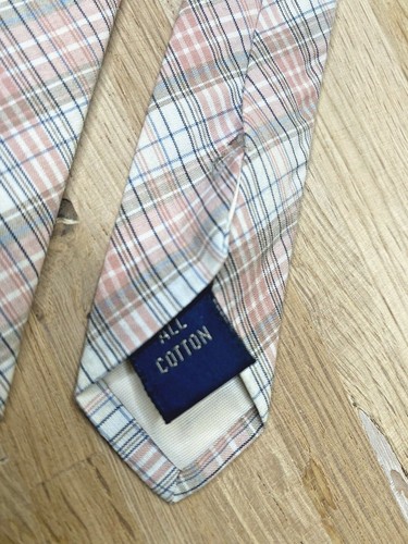 Vintage Tie Madras Plaid Cotton ROOSTER Skinny Narrow Retro Pink Peach 70s 80s - Picture 5 of 9