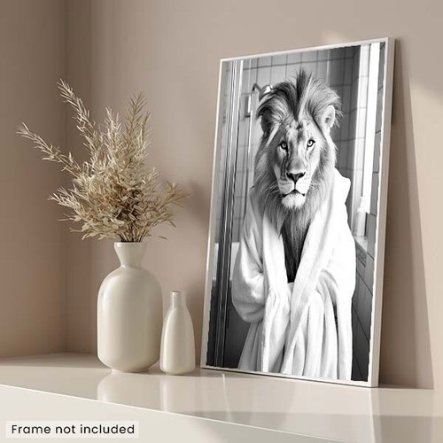 Lion Wearing Bathrobe - Cute Funny Bathroom Animals - Poster - Picture 3 of 5