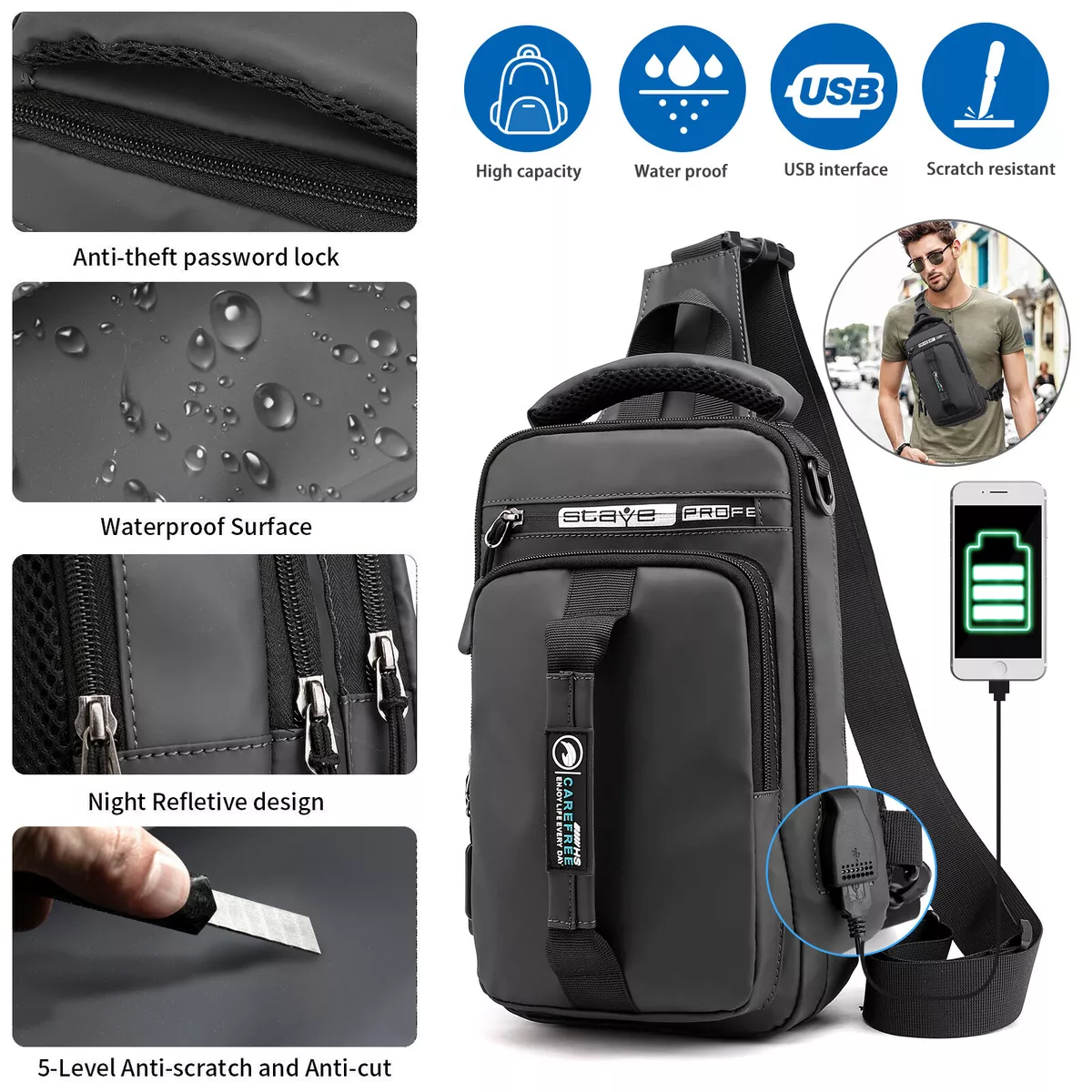 Sling Bags for Men,Waterproof Lightweight Slim Crossbody Shoulder Sling  Backpack Mini Messenger Bag Chest Bag One Strap Backpack with USB Charging