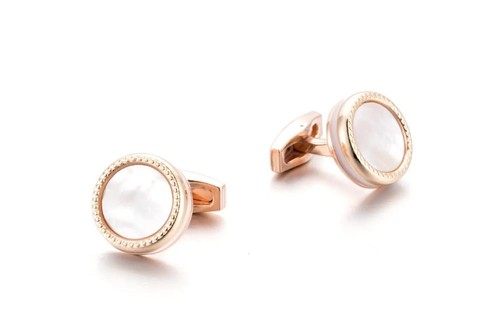 Rose Gold Cufflinks Mother Of Pearl Stone White Band Elegant Design UK Delivery - Picture 2 of 8