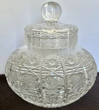 Vintage Bohemian Clear Cut Glass Crystal Queens Lace Ginger Jar w/ Lid Cannister