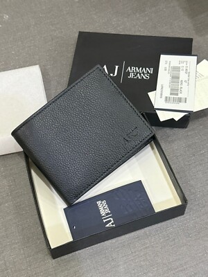 Brandneu Armani Jeans Herren Doppelfaltung Schwarz Leder Geldbörse mit Münzfach