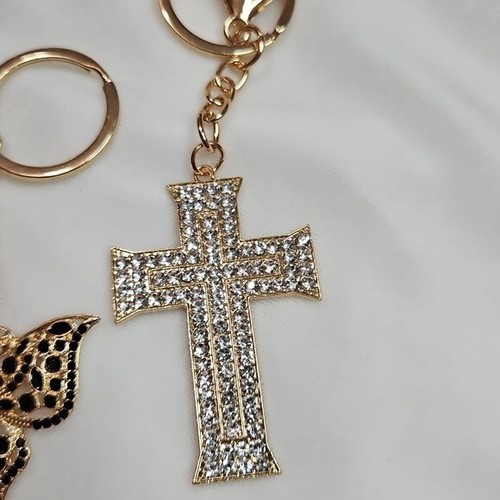 2er Set Schlüsselanhänger Taschenanhänger goldfarben Kreuz schwarz Strass Schmetterling Kristall - Bild 3 von 6