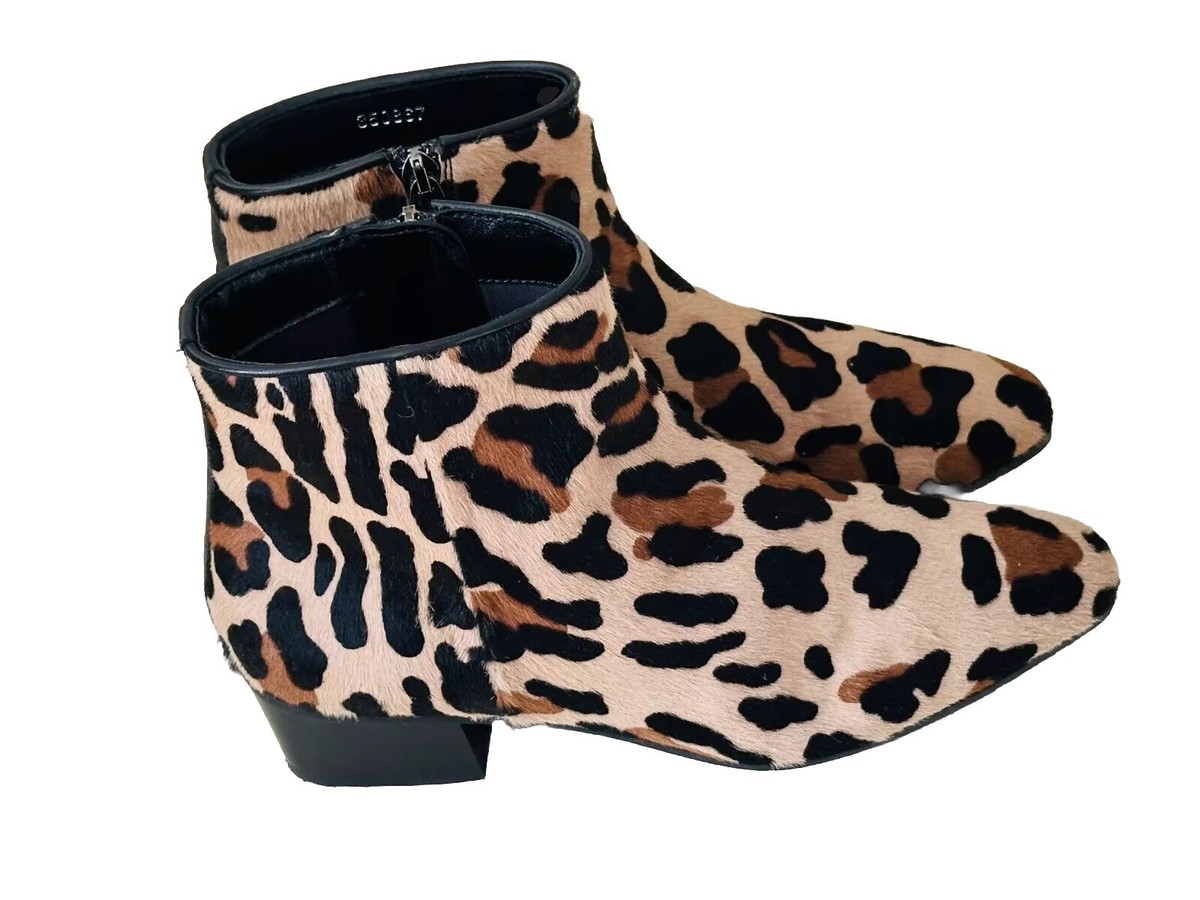 Aquatalia Geanna Pony Hair Bootie Zip Leopard Ankle Boots Women's Sz 37/ US 