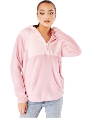 Ladies Pink Colour Block Fleece Hoodie Warm Soft Sweatshirt Jumper Womens Tops