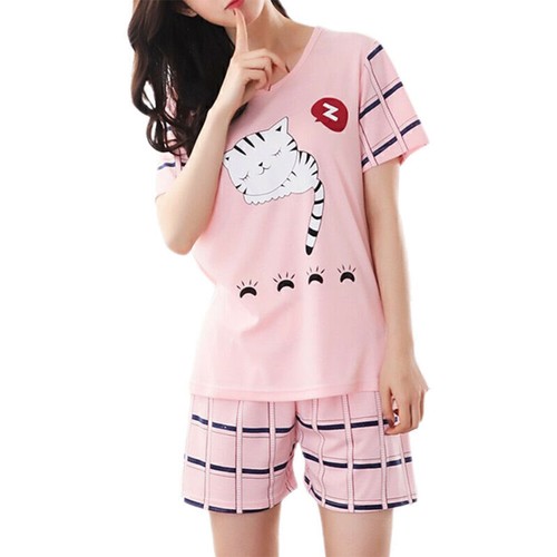 Women Short Pyjamas Set Cartoon T-Shirt Shorts Loungewear Pajamas Pjs Nightwear} - Picture 4 of 21