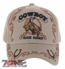 NEW COWBOY RIDE HARD RIDER HORSESHOE COWBOY BASEBALL CAP HAT TAN