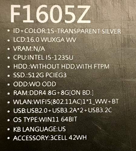 ASUS Vivobook F1605Z LCD 16/i5-1235U /16 GB Ram/SSD 512 Gb/Wifi5/Win11 - Picture 9 of 9
