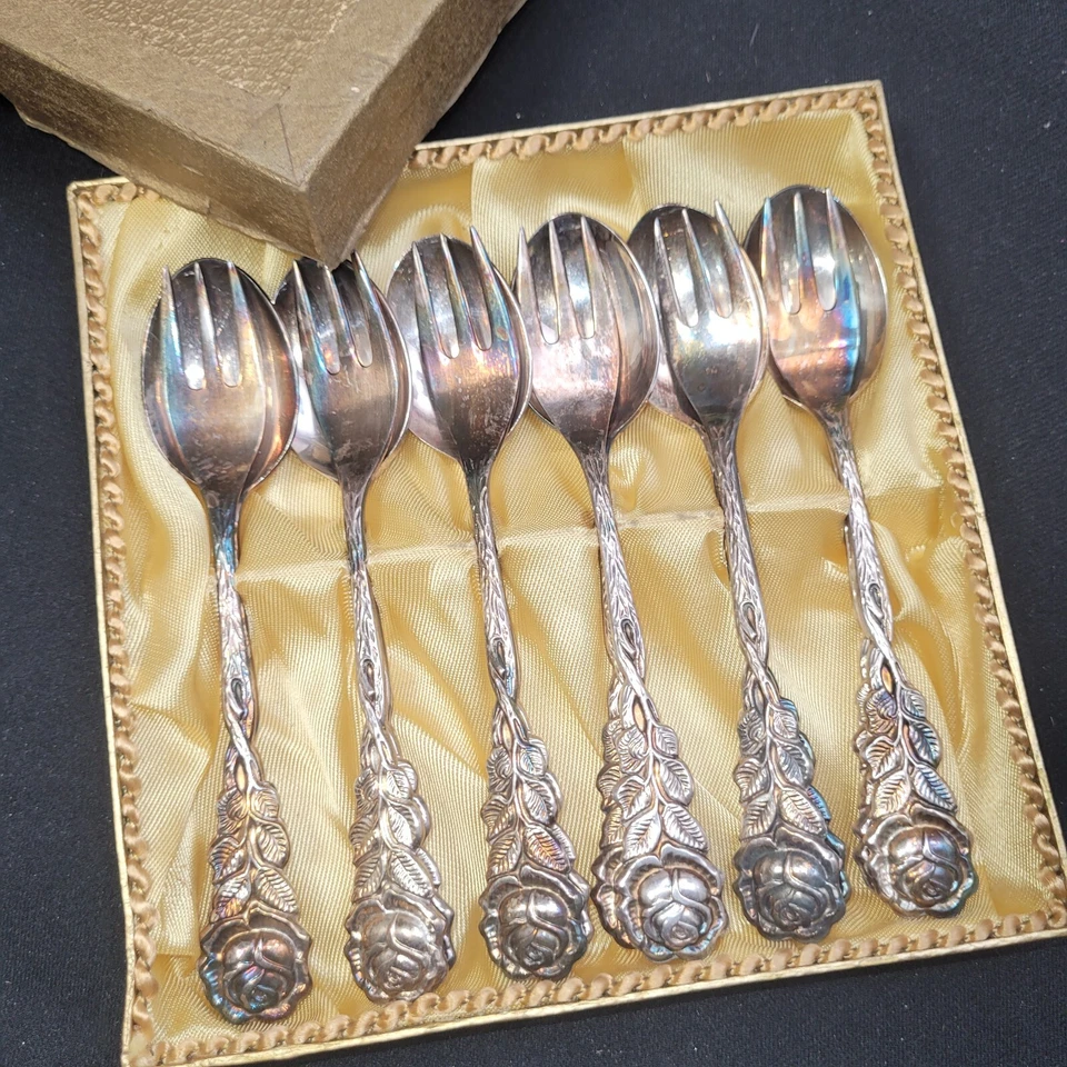 Alemán, Juego de postres plateados, antiguo 12 piezas, 6 cucharas 6 tenedores, en caja,  Foto 2 de 4