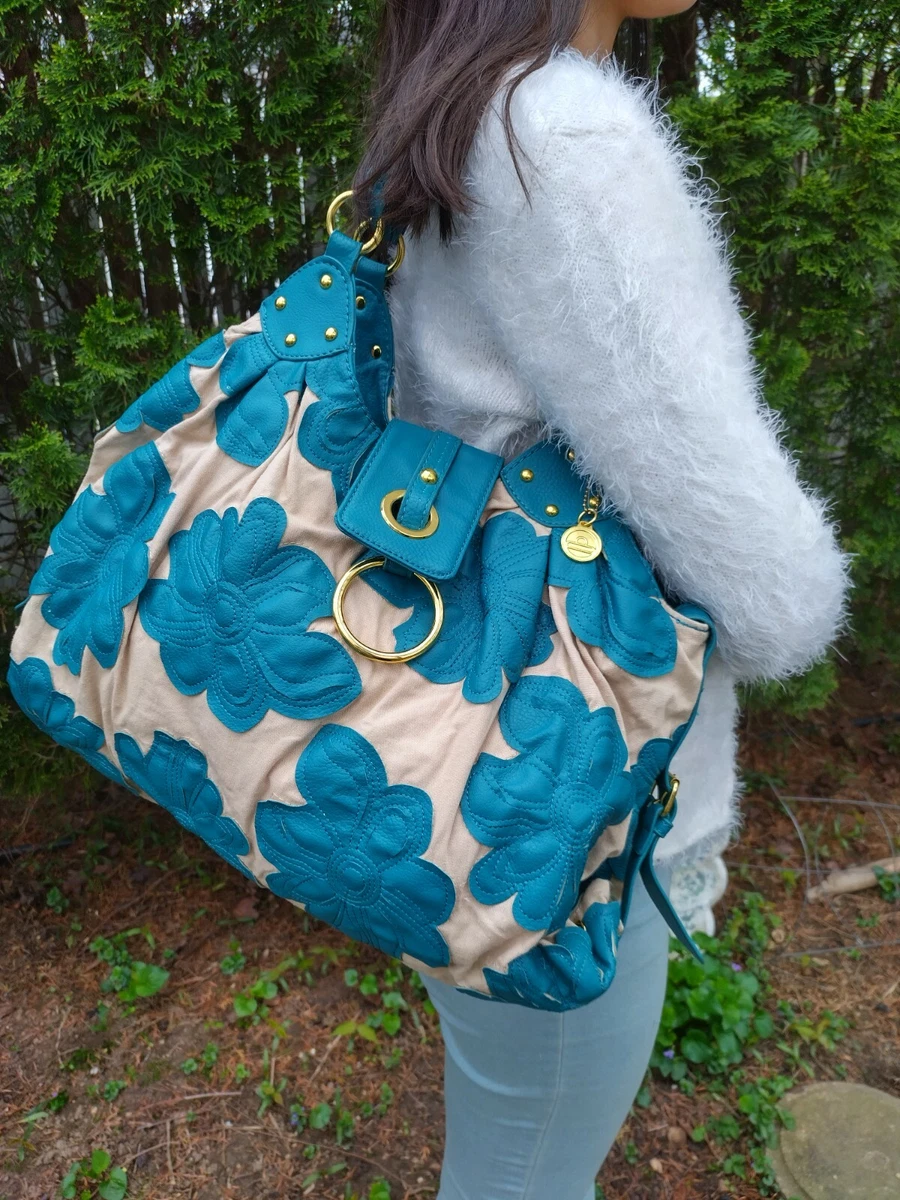 LARGE TURQUOISE *BIG BUDDHA Tan Canvas Blue FLORAL SHOULDER-HAND BAG Women's