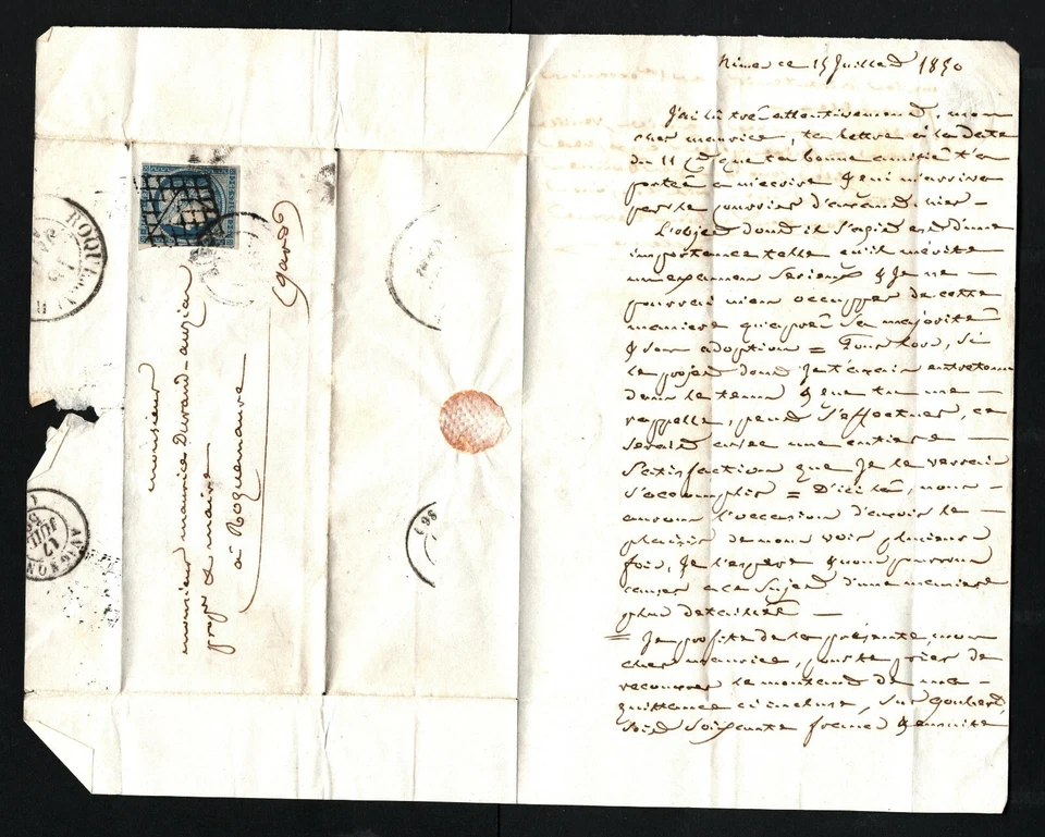 FRANCIA Cubierta USO MUY TEMPRANO 25c CERES 17 de julio de 1850 Aviñón EL{samwells}SN12 Foto 4 de 4