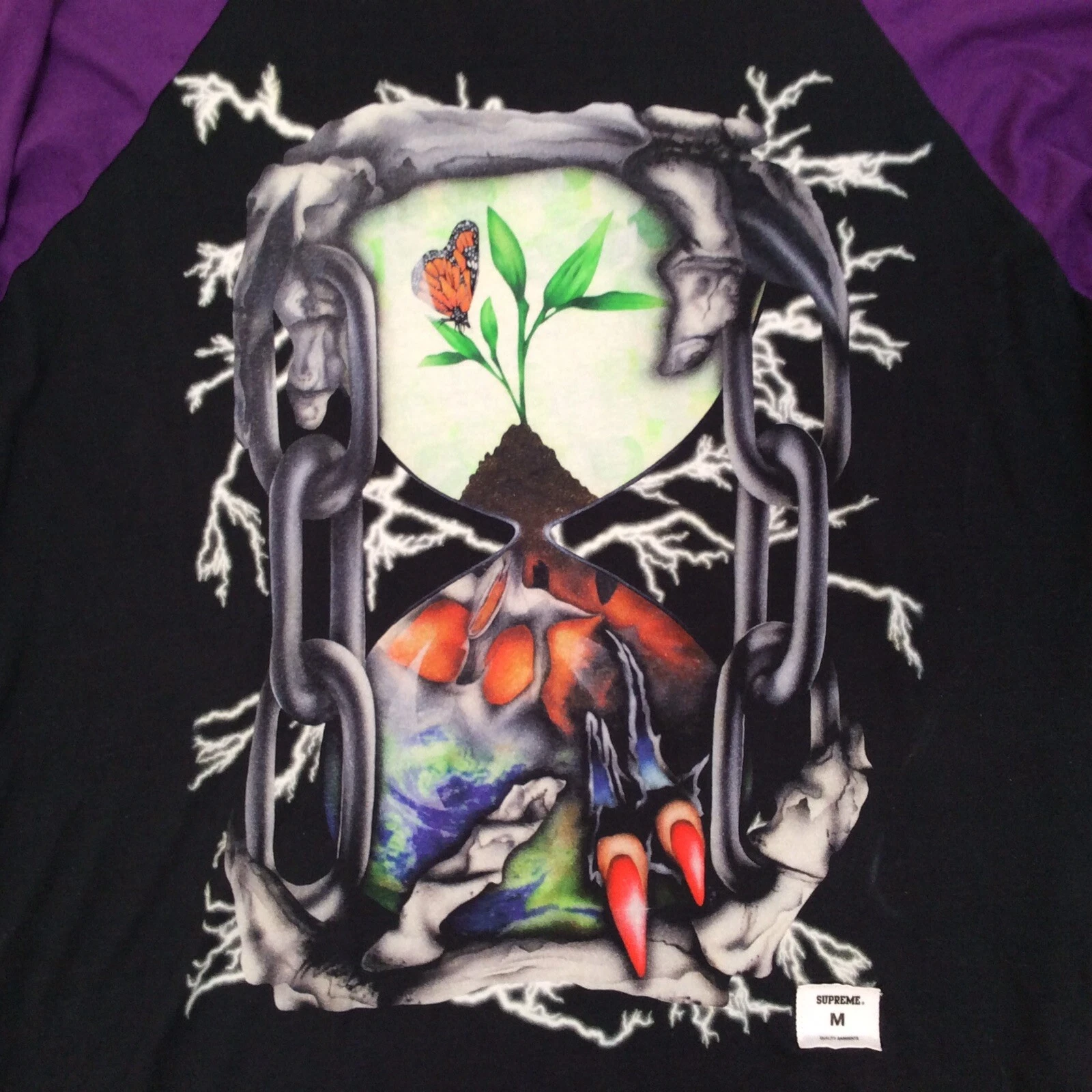Supreme SABLIER T SHIRT MOYEN Raglan manches longues Tee noir graphique LIFE DEATH