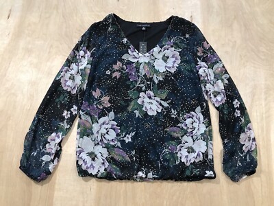 Sara Michelle Blouse Small Blue Sparkle Shimmering Floral  Long Sleeve Top