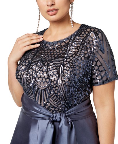 Vestido para mujer R&M Richards talla grande manga corta lentejuelas adornado alto-bajo - Imagen 14 de 19