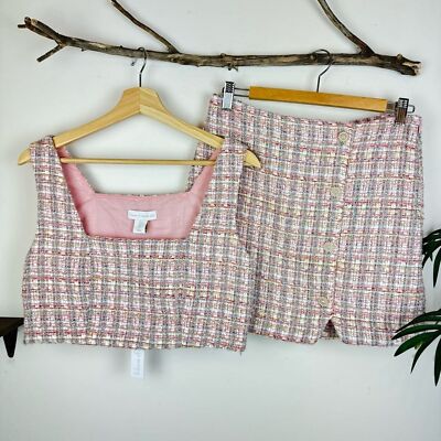 House of Harlow 1960 Pixie Dust Tweed Pink Top and Mini Skirt Set NWT Size Small