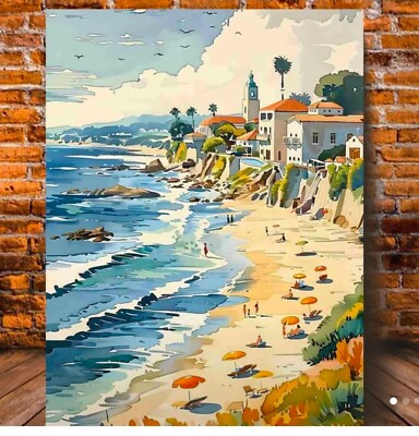Art Canvas California Coastline Newport Beach Watercolor Print 12 x 15in. FRAMED