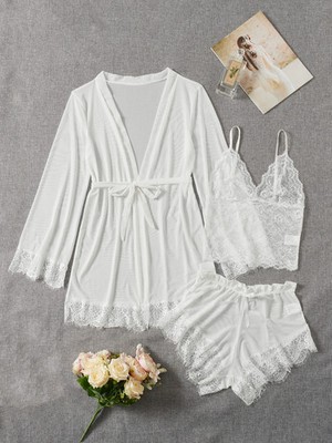 4 piece mesh lingerie set with contrast lace and housecoat cheap24
