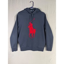 Polo Ralph Lauren Men Navy Blue Red Big Pony Hoodie Sweatshirt Size M Pockets
