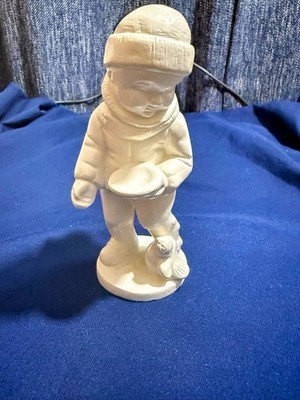 Pair of White vintage figurines Of Little Boy & Girl During Winter Time.