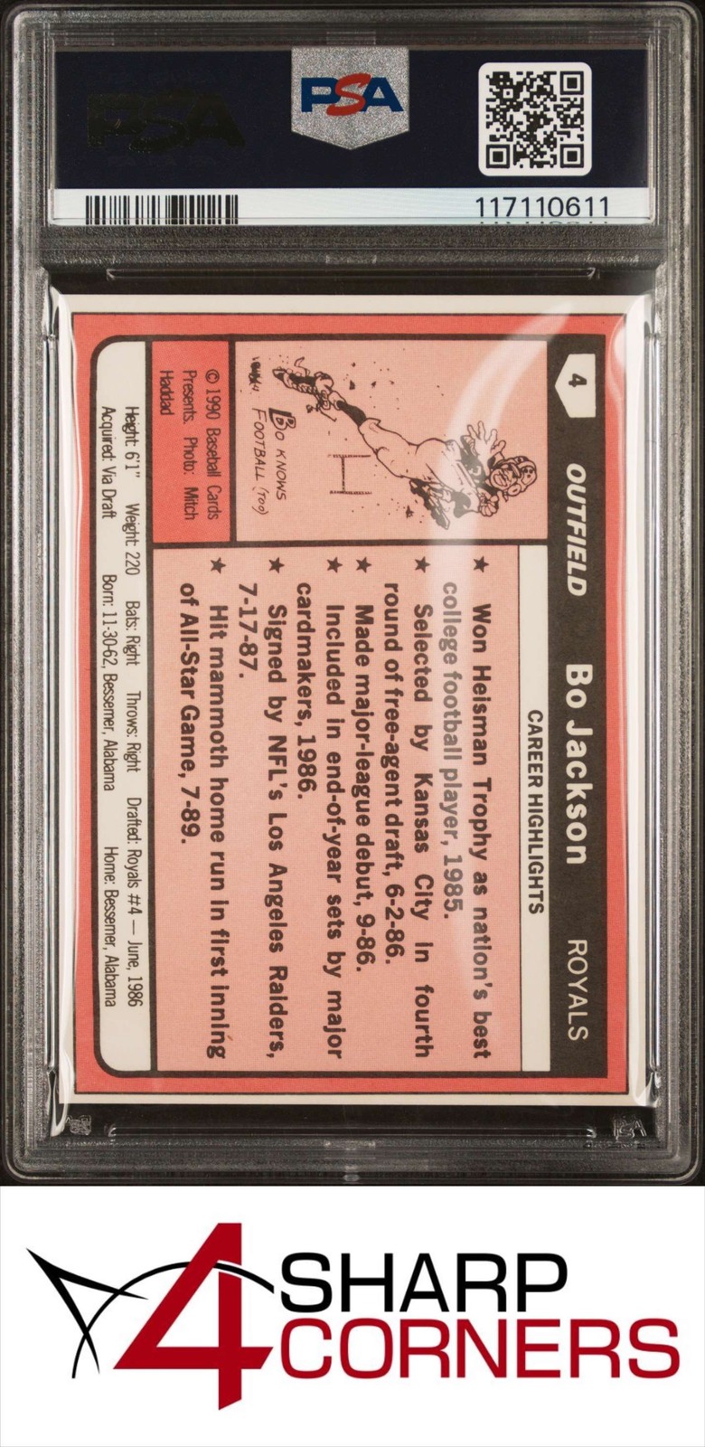 1990 BASEBALL CARD BOOM REPLI-CARDS HAND CUT #4 BO JACKSON ROYALS PSA 10 view 2