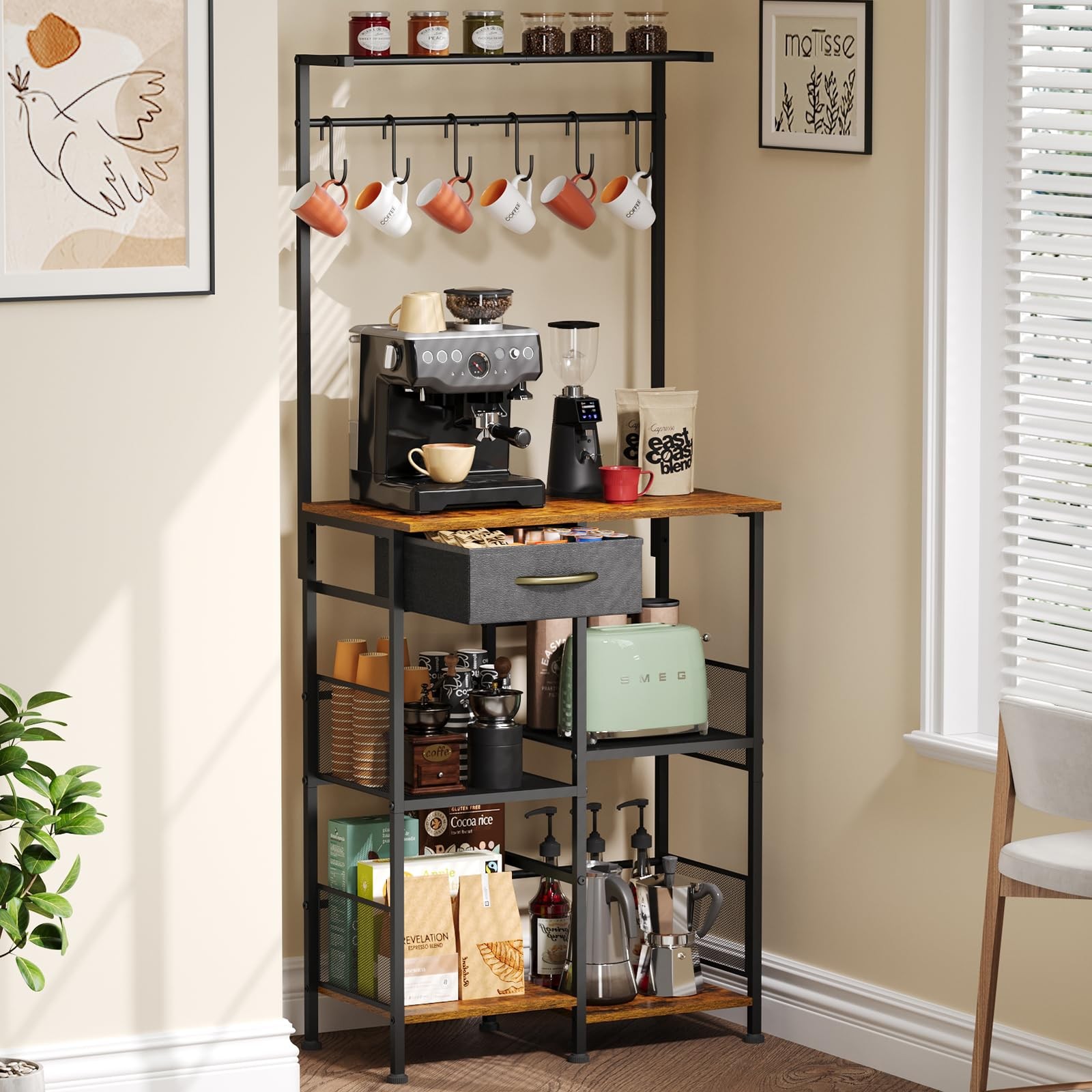 Coffee Bar Stand Station with Storage Drawer, Extended Worktop Coffee Table, ...