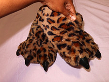 Leopard Print Faux Fur Animal Paw Slippers w/...